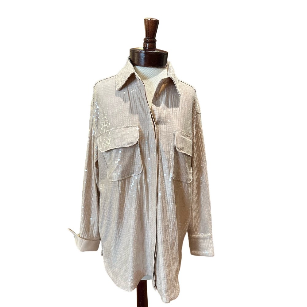Rachel Zoe Blush Sequin Shirt, SZ Medium, Satin-like Details, NWT